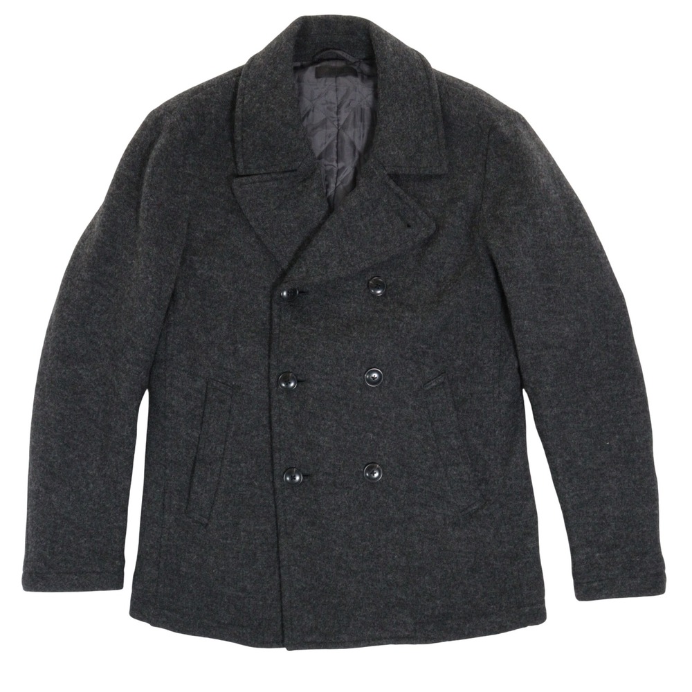 Vtg Uniqlo Peacoat Men M Double Breasted Quilted Wool Blend Jersey Charcoal Gray